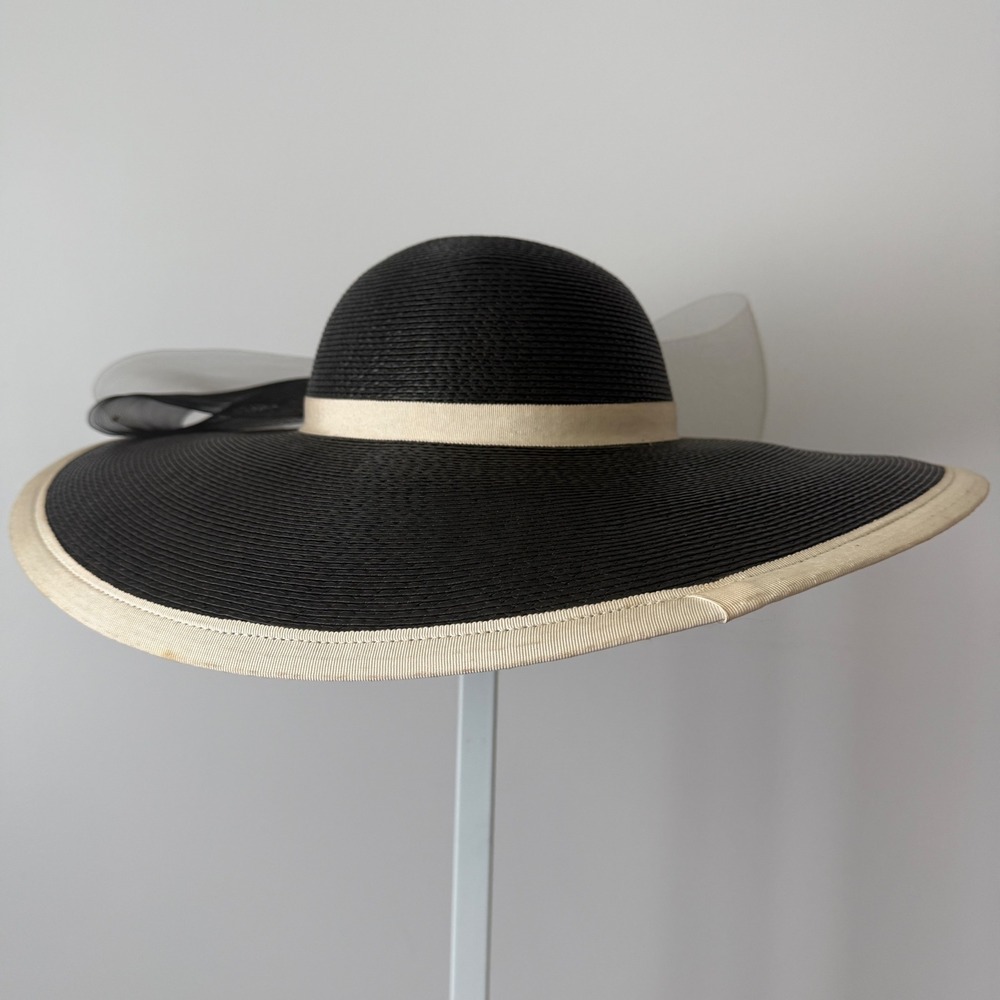 David M Designer Luxury Old Money OS Black White Straw Hat Tulle Kentucky Derby